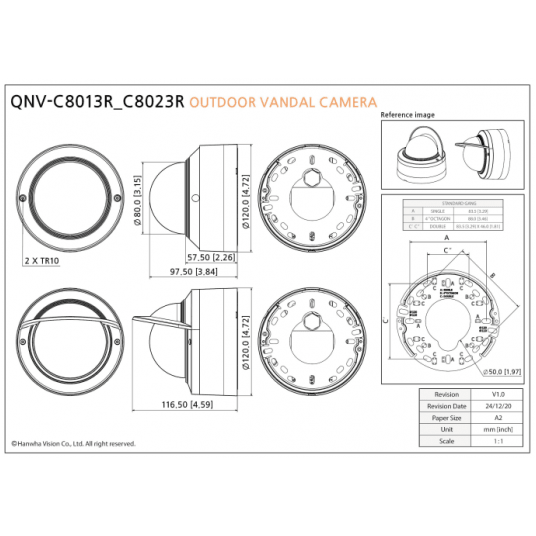 Kamera IP kopułowa wandaloodporna Hanwha Vision AI Seria Q 5 MPix - QNV-C8013R