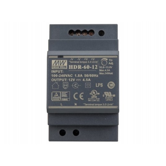 Zasilacz na szynę DIN 12VDC/4,5A 54W Mean Well - HDR-60-12 -zdjęcie numer 2
